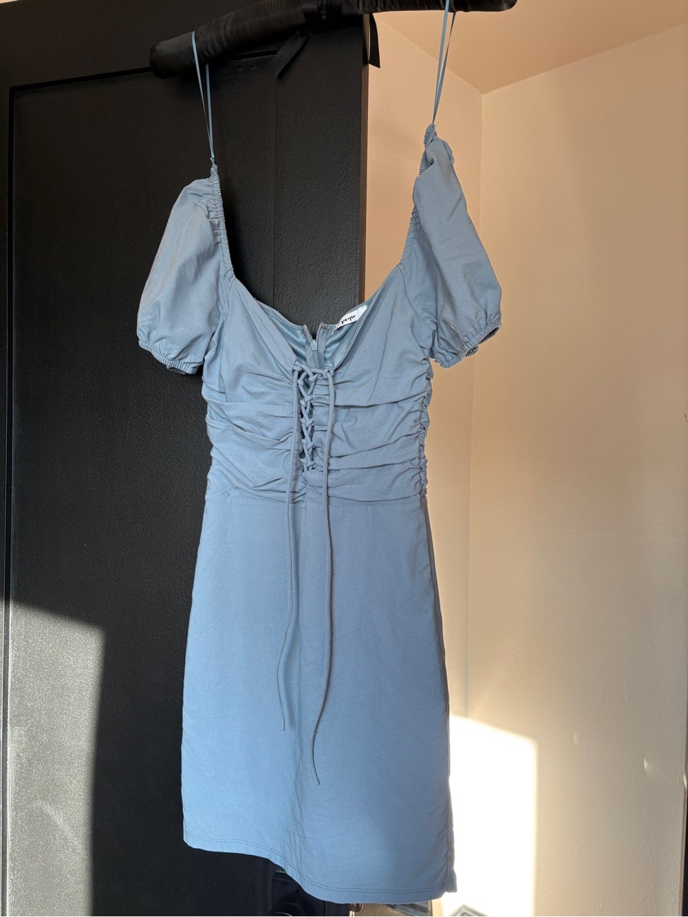 Light Blue Ruched Puff-Sleeve Mini Dress